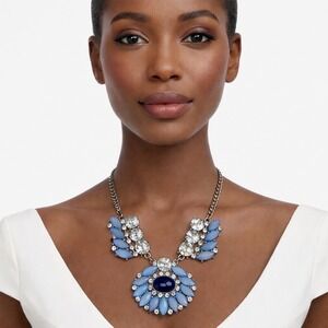LOFT Statement Necklace Blue & Clear Gemstone Silver Tone Glam Party Chic 103-19